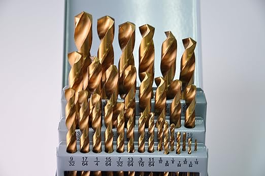 DRILLFROCE 29pcs HSS Jobber Length Titanium Coated Twist Drill Bits Set 1/16"-1/2" in Metal Case