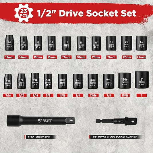 1/2" Drive Impact Socket Set, 23 Piece Metric (13-19, 21, 22, 24mm) and SAE (7/16 to 1 inch) Tool Set with 72 Tooth Reversible Ratchet, with Storage Box for Auto Repairing