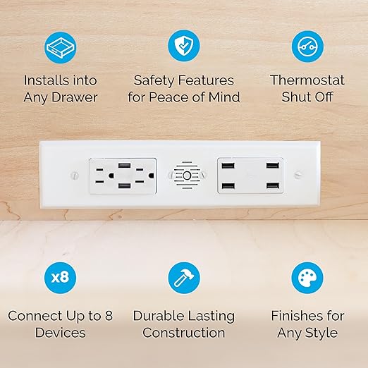 Docking Drawer Blade Duo in-Drawer Outlet, Integrated Safety Shutoff, (6) USB-A & (2) 15 amp AC, Black