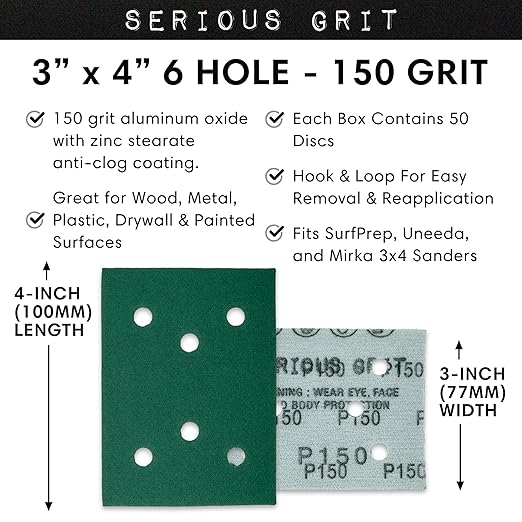 Serious Grit - 3" x 4" 6-Hole 150 Grit Sanding Sheets - Fits Surfprep, Uneeda Ekasand, Mirka DEOS 343 - Heavy-Duty Hook & Loop Film Abrasive Pads - Sandpaper for 3x4 Sheet Sanders - 50 Pack Box