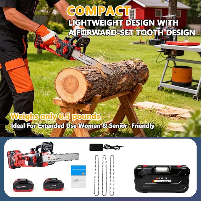12" Brushless Electric Chainsaw Cordless, Compact Chain Saw with 2 x 4.0Ah Battery and Charger, Auto Oiler, Low Kickback, 20V Battery Powered Chainsaw for Pruning, Tree Trimming, Wood Cutting