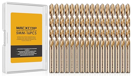 Metric 16Pcs M35 Cobalt Drill Bit Set, 5mm HSS Cobalt Jobber Drill Bits, for Hardened Metals, Stainless Steel, Cast Iron and Wooden Plastics