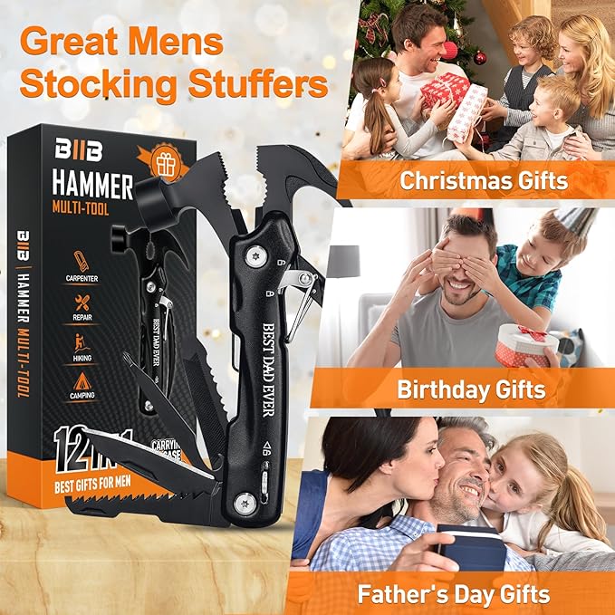 BIIB Gifts for Dad, 12 in 1 Hammer Multitool Camping Essentials, Gifts for Men, Stocking Stuffers for Men, Mens Gifts for Dad Him Husband, Dad Gifts for Mens Who Have Everything, Camping Survival Gear