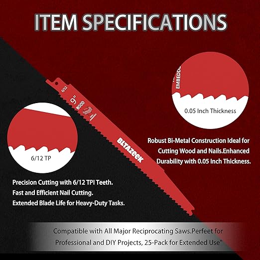 Bi-Metal Reciprocating Saw Blades 9 Inch 6/12 TPI, Durable Wood for Pruning, Auto Dismantling, and Woodworking, Premium Carbide Tipped Sawzall Blades, 25 Pack