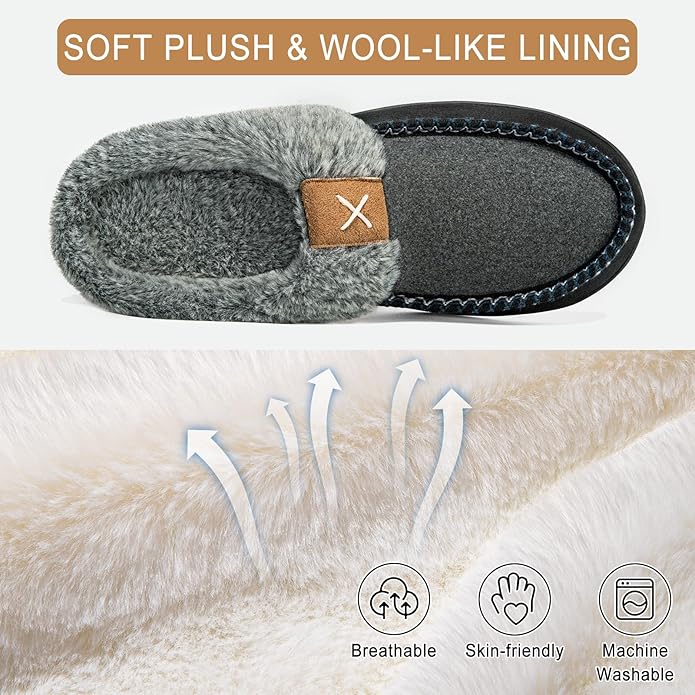 Homitem Mens Slippers Moccasins Memory Foam Fuzzy Slippers for Men Wool-Like Plush Fleece Lined House Shoes Indoor Outdoor Anti-Skid Rubber Sole Home Bedroom