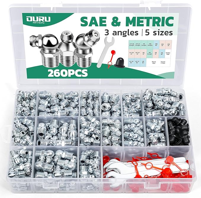 260PCS Grease Fittings Kit, SAE & Metric Zerk Grease Fittings Straight 45 90 Degree with Grease Fitting Caps & Wrench Kit(7-11mm) for Grease Gun
