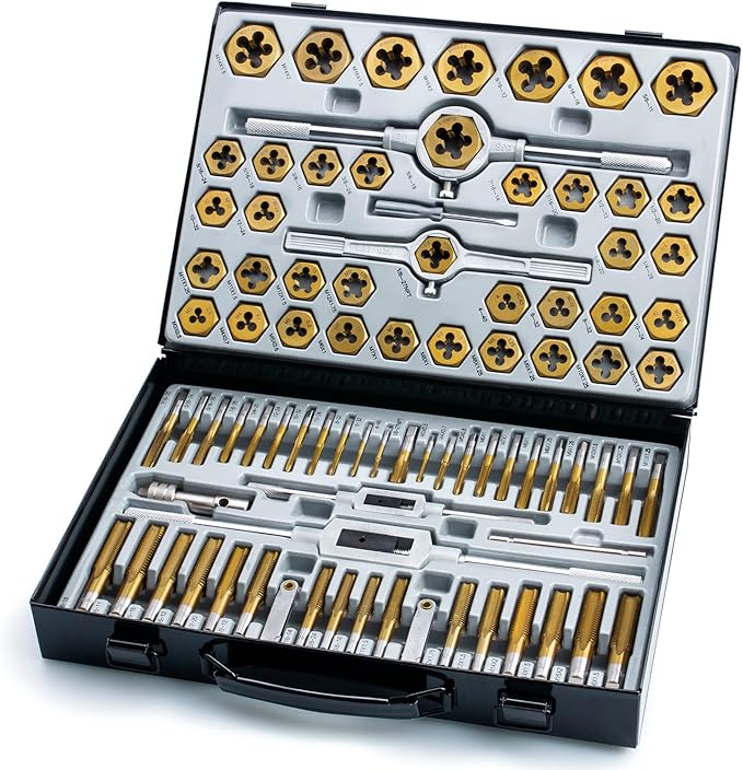 86-Piece Master Tap and Hex Die Set, Premium Titanium Coating | SAE Size #4 to 5/8?? Metric Size M3 to M16 | For All Coarse, Fine, Pipe Threads | Complete with Holders, Stocks, Gauges and Metal Case