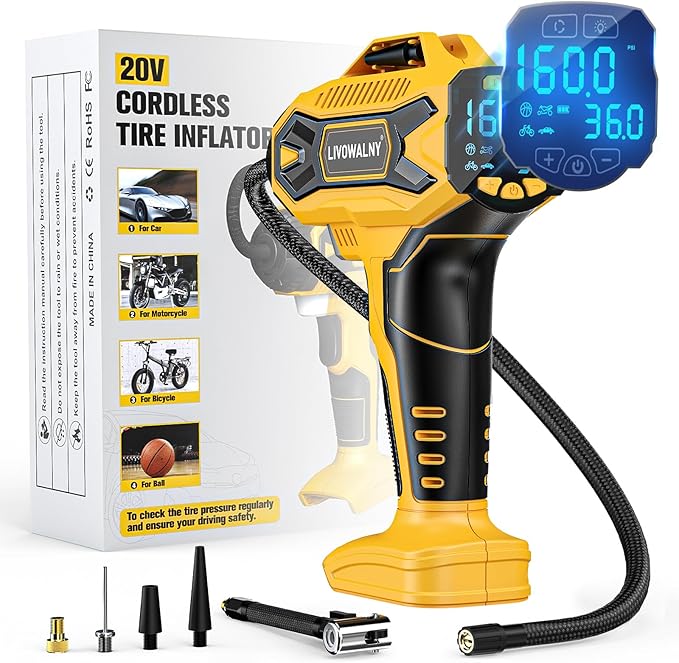 Tire Inflator Air Compressor Compatible with Dewalt 20V Battery, LIVOWALNY 160 PSI Cordless Portable Electric Air Pump 2025 Bigger LCD Digital Pressure Gauge for Car, Bike, Sport Ball (No Battery)