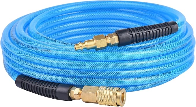 50FT 1/4 Inch Reinforced Polyurethane Air Hose for Compressor - Flexible Heavy Duty Braided Pneumatic Hose with Quick Connect Fittings 300 PSI for Garage Shop Automotive Use