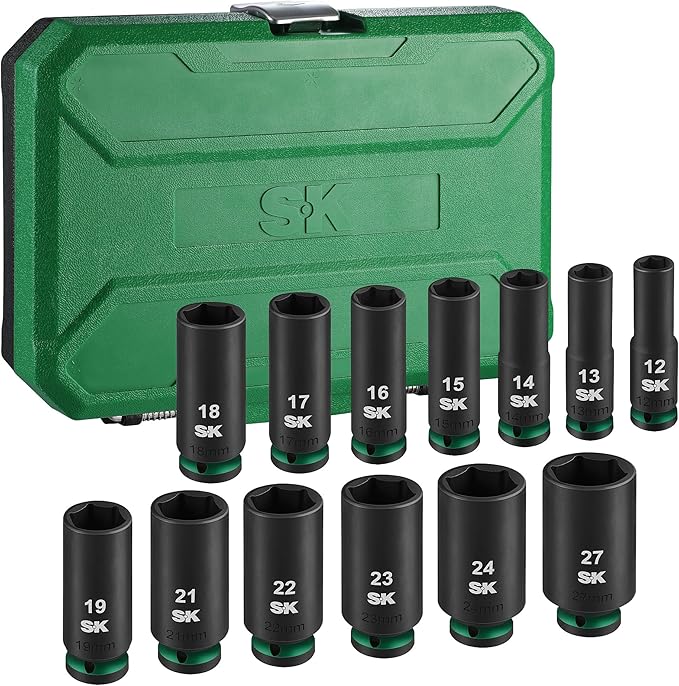 SK 1/2" Drive Impact Socket Set, Deep Metric Sockets, 13-Piece 12-27mm, Premium CR-MO Steel, SureGrip 6 Point Design, With Storage Case