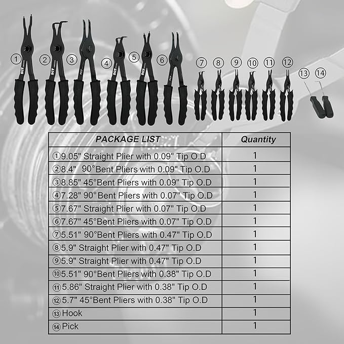SGT 14pc Snap Ring Pliers Set,Internal & External Circlip Pliers with 45째/90째 Bent and Straight Pliers, Hook & Pick,Heavy Duty Removal Tool with Storage Case & Gloves