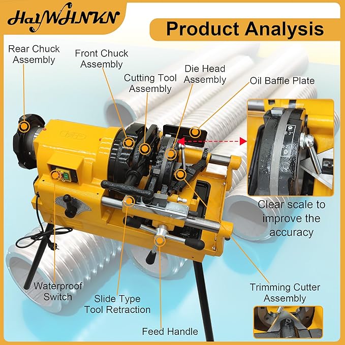 HayWHNKN Pipe Threader Machine, 1/2" to 3" Electric Pipe Threading Machine Cutter, 220V 750W Heavy Duty Power Threader with NPT & BSPT Dies, for Pipes in Plumbing, Electrical and Gas Installation