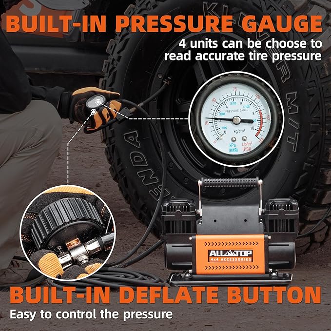 ALL-TOP Air Compressor Kit, Dual Cylinder 12V Portable Inflator 12.35 ft쨀/Min, Offroad Air Compressor Pump for Truck Tires, Heavy Duty Max 150 PSI for 4x4 Vehicle & RV