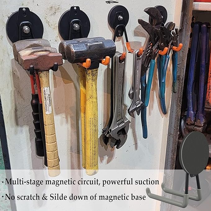 ULIBERMAGNET Magnetic Hooks,Heavy Duty Magnet Hooks,Large Manget with Hooks for Metal Cabinet Pegboard Garage Shelve Cart,2 Pack Tool Hook for Hammer Drill,Garden Tool(3.46inch/Silver)