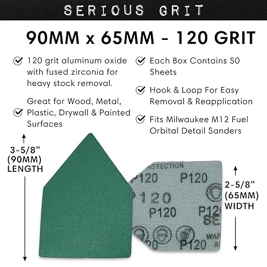 Serious Grit - 120 Grit 90mm x 65mm Triangle Sanding Sheets - Fits Milwaukee M12 Fuel Sanders - Heavy-Duty Hook & Loop Film Sandpaper Pads for Orbital Detail Sanders - 50 Pack Box