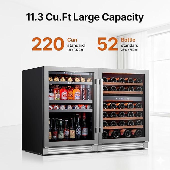 Ca'Lefort Wine Beverage Refrigerator Bundle - 48 Inch 34-65째F Drink Fridge Glass Door, 3 LED Dual Zone Wine Fridge Built-in or Freestanding, Holds 220 Cans and 46 Bottles (11.3 Cu.ft)