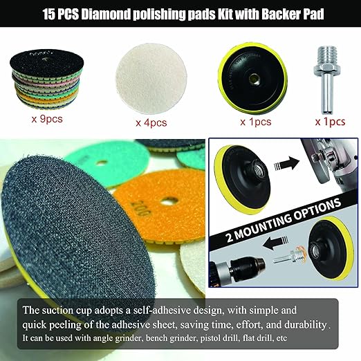 15 PCS Diamond polishing Pads Kit with Backer Pad, Quartz countertop Repair kit, 50-10000 Grit 4 inch Polisher Wheel Disc for Granite, Marble, Concrete, Stone, Glass, Ceramic Tile Polishing