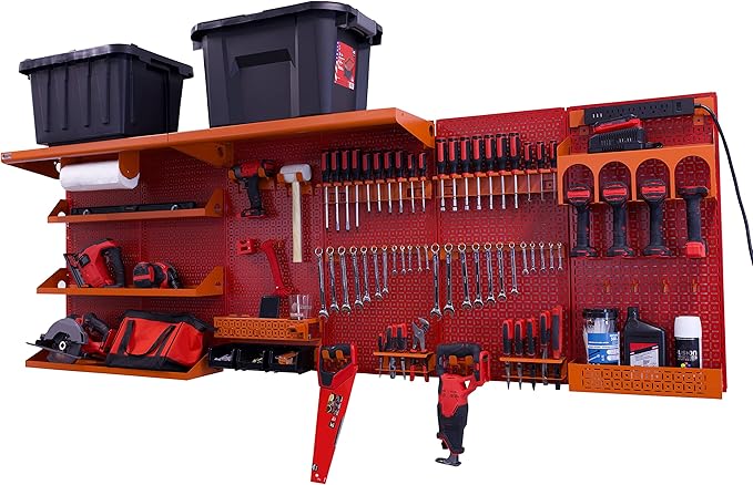 OmniWall Weekend Warrior Ultimate Tool Kit-96" x 32" Metal Pegboard Wall Storage System Red/Orange