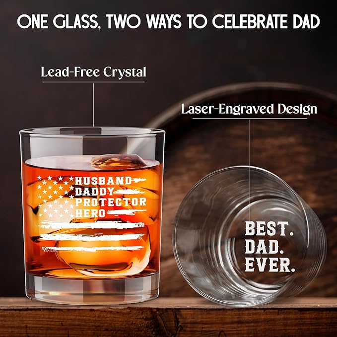 Christmas Birthday Gifts for Dad from Daughter Son Kids Wife - 11 oz Engraved Crystal Whiskey Glasses - Funny Father's Day Gifts for Grandpa, Husband Mens Birthday Gift Ideas