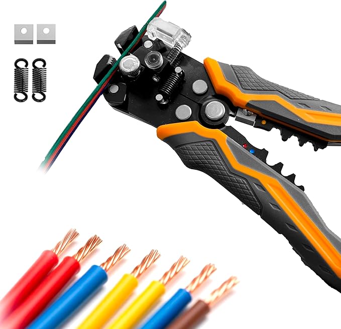 TULEDE Automatic Wire Stripper, 3 in 1 Stripper/Cutter/Crimping Heavy Duty Multi-Function Tool for 8-18 AWG Electrical Wire, Comes with Replaceable Stainless Steel Blades & Springs, 8 Inch
