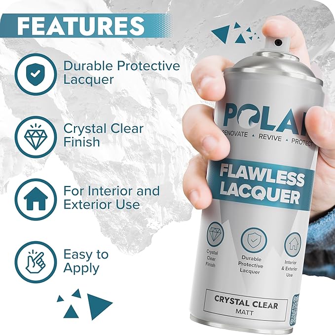 Polar Clear Matte Flawless Lacquer Spray - 6 x 13.5 Fl Oz - Clear Coat Spray Paint - Non-Yellowing & Scratch Resistant - Interior & Exterior Surfaces for Wood, Metal, Plastics, Glass & Ceramics