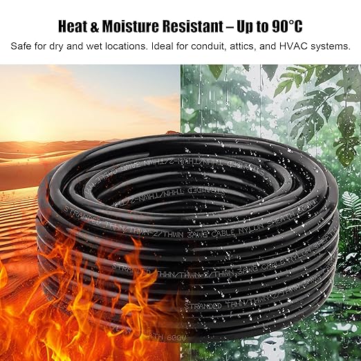 XRDS -RF THHN Wire 50FT, 3AWG Stranded Copper THHN Electrical Wire, Black Nylon-Coated Thermoplastic Insulated Cable for Indoor Conduit Wiring, 600V Rated