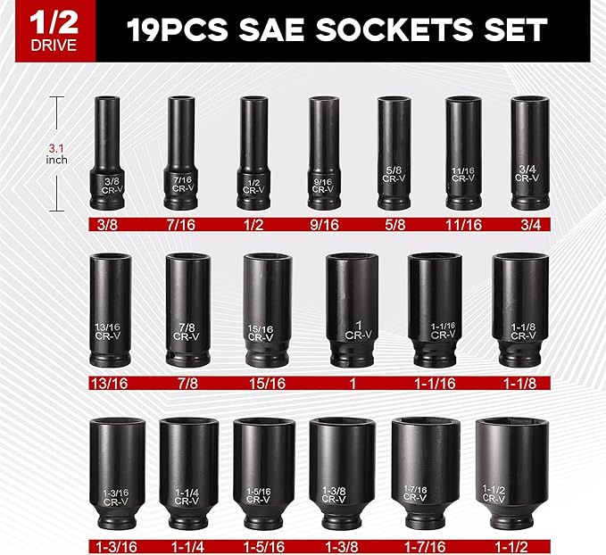 Aloanes 25-Piece 1/2" Drive Socket Set, SAE (3/8"- 1-1/2"), Deep Sockets, 1/2" F to 3/8" M Reducer,3/8" F to 1/2" M Reducer, Universal Joint, Extension Bars, 6 Point, Cr-V