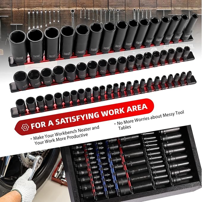ALOANES 3-Piece Aluminum Alloy Socket Organizer, Heavy Duty Socket Racks, Socket Holder Kit for Toolbox Drawer Fit 1/2, 3/8, 1/4-Inch Socket Holder x 58 Clips (Red)