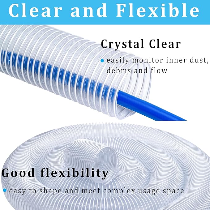 Heavy Duty Dust Collection Hose 2??- 5 ft Thicken PVC Fume Collector Hose with Spiral Steel Wire, Flexible Clear Duct Collector Hoses for Fume Debris Band Saw Jointer Wood Shop, with 4 Clamps