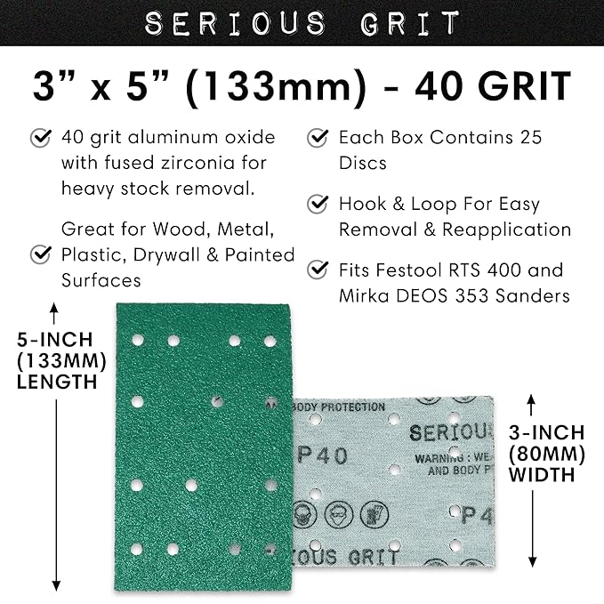 Serious Grit - 3" x 5" (80mm x 133mm) 14-Hole 40 Grit Sanding Sheets - Fits Festool RTS 400 & Mirka Deos 353 - Heavy-Duty Hook & Loop Film Abrasives - Sandpaper for Sheet Sanders - 25 Pack Box
