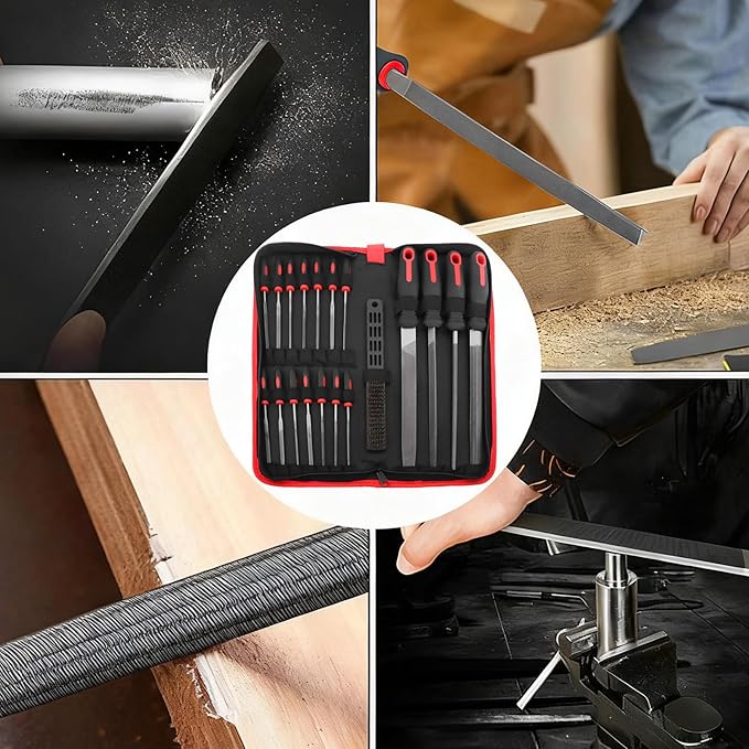 19Pcs Metal File Set,Files Tool Kit for Woodworking with Needle File,Flat,Round,Half-Round,Triangle Shapes,Brush & Carry Case for Sharpening,Wood and Steel Deburring,Craft