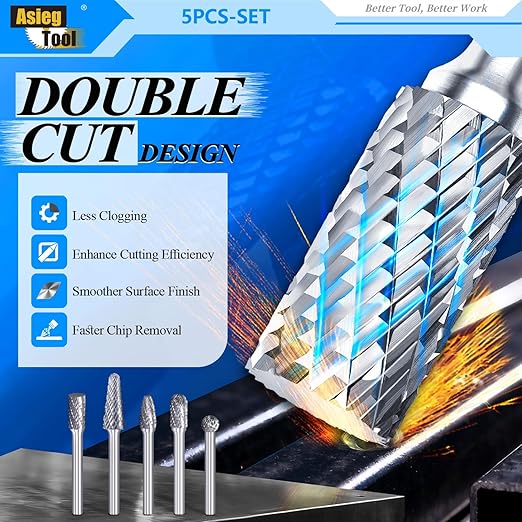 Carbide Burrs Set 5pcs with 1/4''Shank Double Cut Solid Power Tools Tungsten Carbide Rotary Files Bits for Die Grinder Metal Wood Carving Engraving Polishing Drilling Grinding Milling Cutting