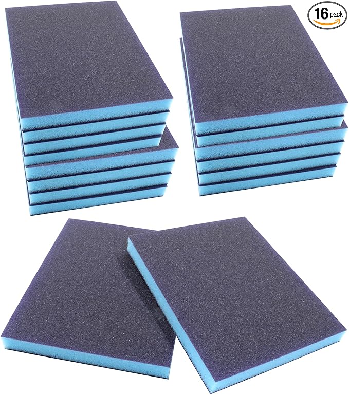 BokWin 16Pcs Sanding Sponge, 180 Grit Washable Sponge Sand Blocks, Wet and Dry Sanding Blocks for Plastic, Wood, Metal, Furniture (Grade 500 to 600)