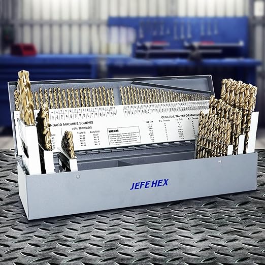 JEFE HEX 115 Pcs Cobalt Drill Bit Set, All M35 HSS Drill Bit Sets, 135째 Split Point, Fractional Sizes 1/16" to 1/2", Letters A-Z, Wire Sizes #1 to #60, Durable Metal Indexed Storage Case