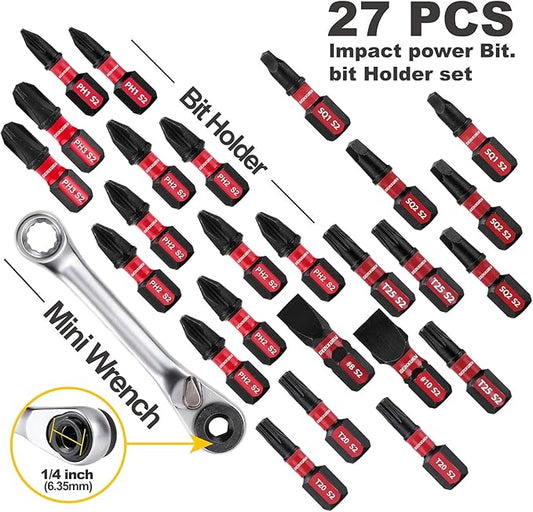 Screwdriver Bit Set with PH1/PH2/PH3/SQ1/SQ2/T20/T25/SL8/SL10 and 1Pcs Impact Bit Holder and Mini Wrench, 27Pieces Impact Rate Insert Driver Bit Set