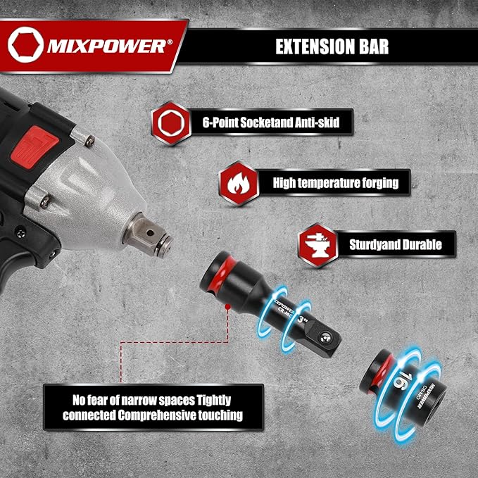 MIXPOWER 43 Pieces 1/2" Drive Deep and Shallow Impact Socket Set, 6 Point,Metric Sizes 9-30mm, 1/2'' Impact Universal Joint, 1/2"Drive Extension Bars:3",6",10",15",CR-MO Steel Mechanic Socket Set