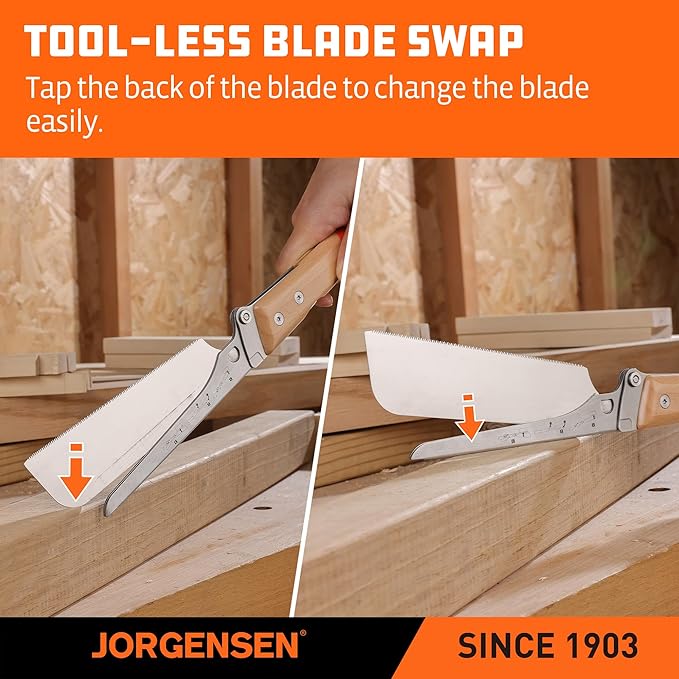 JORGENSEN Japanese Pull Saw, 6 Inch Pro Folding Dovetail Saw with Beech Wood Long handle, SK5 Steel Blade Tool-less Quick Change, 21TPI Cross Cut Woodworking Handsaw for Hardwood, Softwood