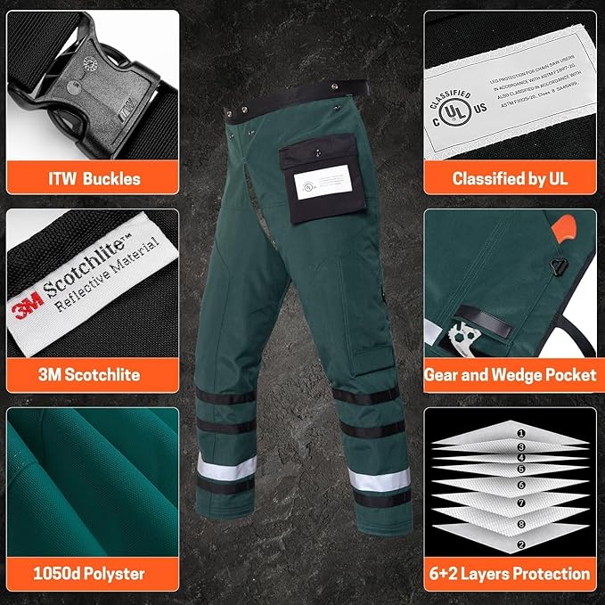 Technical Wrap Chainsaw Chaps by UL Class A 8 Layers Chainsaw Pants Apron Style Army Green