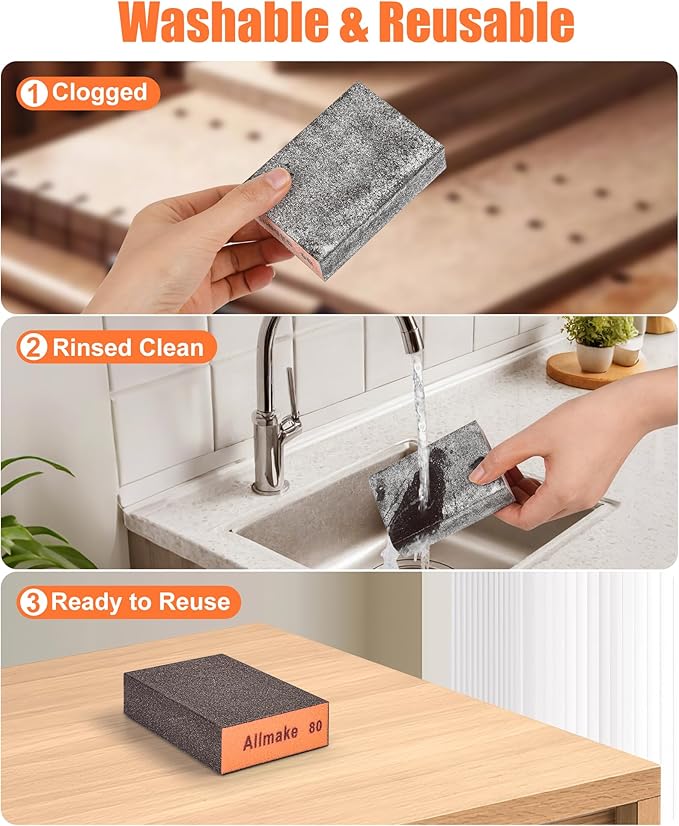10 Pack Sanding Sponge, Washable and Reusable Sanding Block, 60 80 120 180 220 Grit Wet Dry Sandpaper Block for Wood, Drywall Sanding Block for Wood Furniture Crafts Metal Polishing Sand Paper Block
