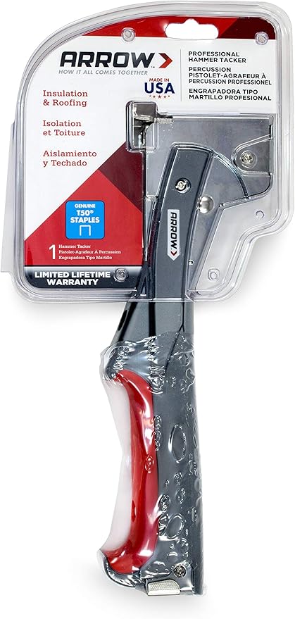 Arrow HTX50 Professional Heavy Duty Hammer Tacker, Manual Stapler for Construction and Insulation, Ergonomic Grip Handle, Dual-Capacity Rear-Load Magazine, Fits 5/16?? 3/8", or 1/2" Staples , Grey