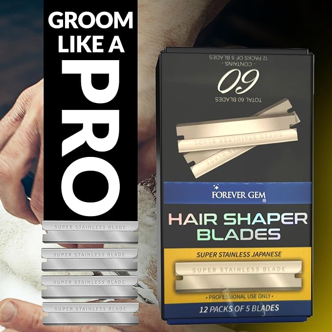 Japanese Stainless Steel Hair Shaper Blades | 60-Count Polymer Shaving Blades | Facial Hair & Eyebrow Trimmer for Men & Women | 12 Packs of 5, Silver