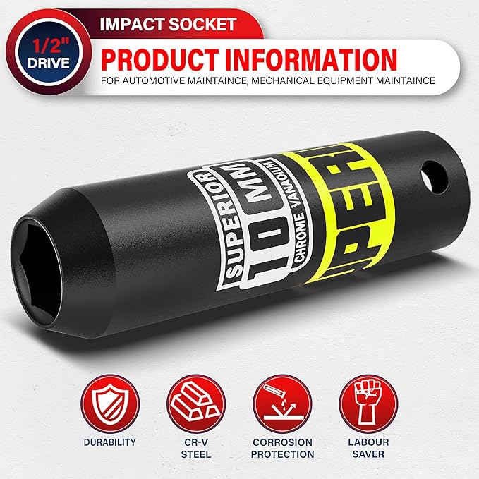 1/2" Drive Impact Socket, 10 mm Deep Socket, Metric, 6 Point, CR-V, for Automotive Maintaince, Mechanical Equipment Maintaince