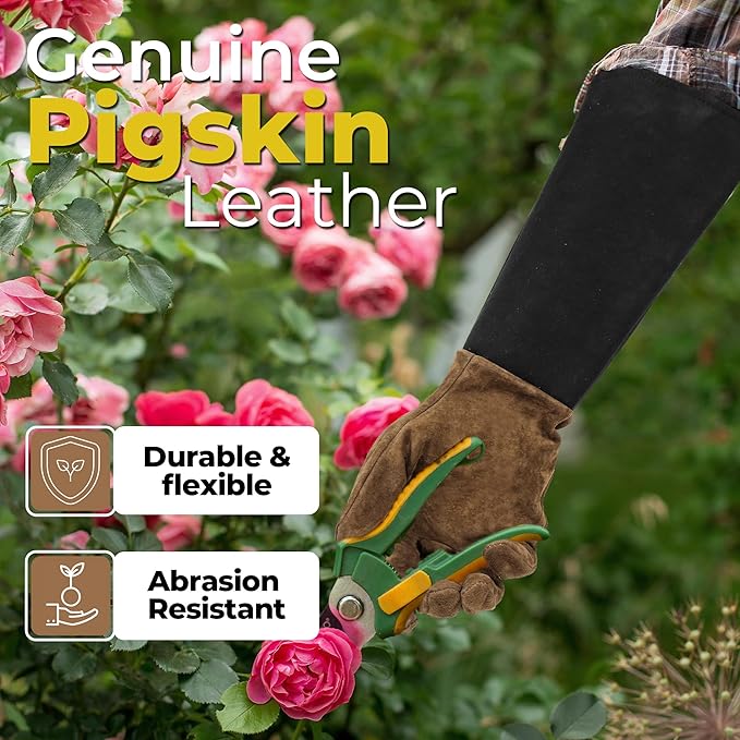 HANDLANDY Long Gardening Gloves for Men & Women, Pigskin Leather Rose Pruning Gloves, Breathable Thorn Proof Gauntlet Glove (Brown-Pigskin, M)