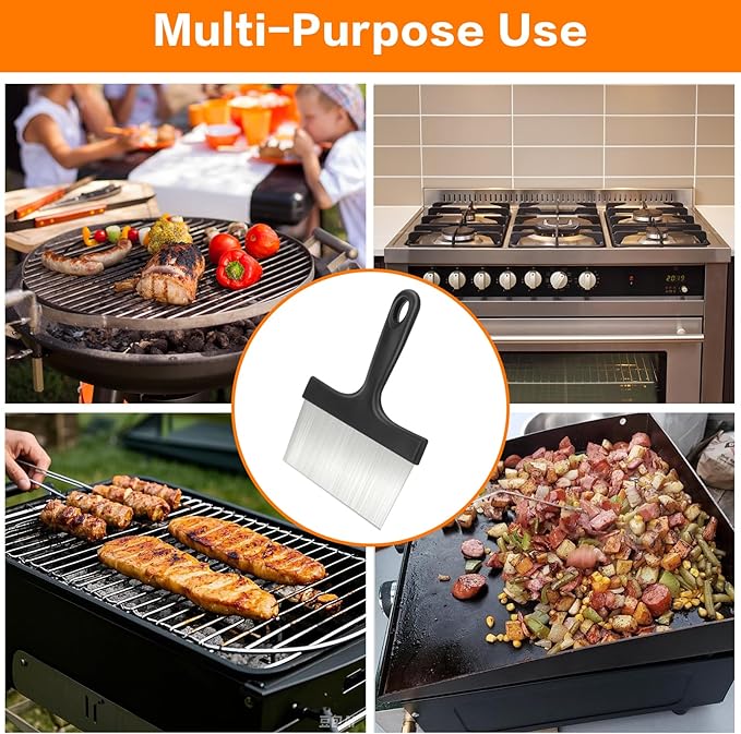 Heavy Duty Stainless Steel Grill Scraper, 3-in-1 Professional Griddle Scraper for Blackstone Grill Accessories with Comfort Grip Handle - for Flat Top Grill & Outdoor Barbecue Tools