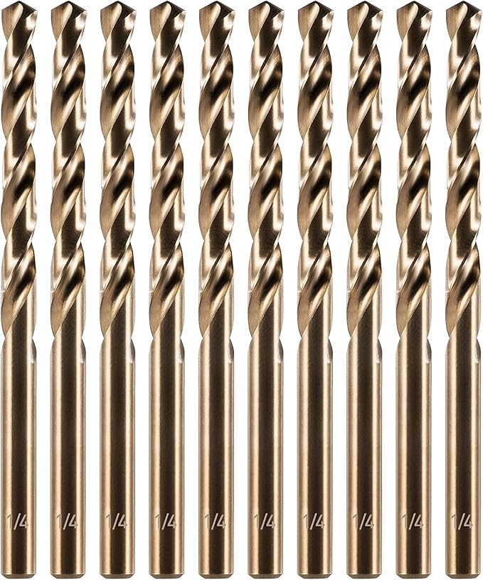 amoolo 1/4" Cobalt Drill Bit (10 Pcs), M35 HSS Metal Drill Bits Set for Hard Metal, Stainless Steel, Cast Iron Box of 10
