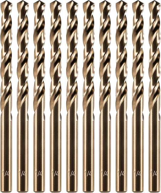 amoolo 1/4" Cobalt Drill Bit (10 Pcs), M35 HSS Metal Drill Bits Set for Hard Metal, Stainless Steel, Cast Iron Box of 10