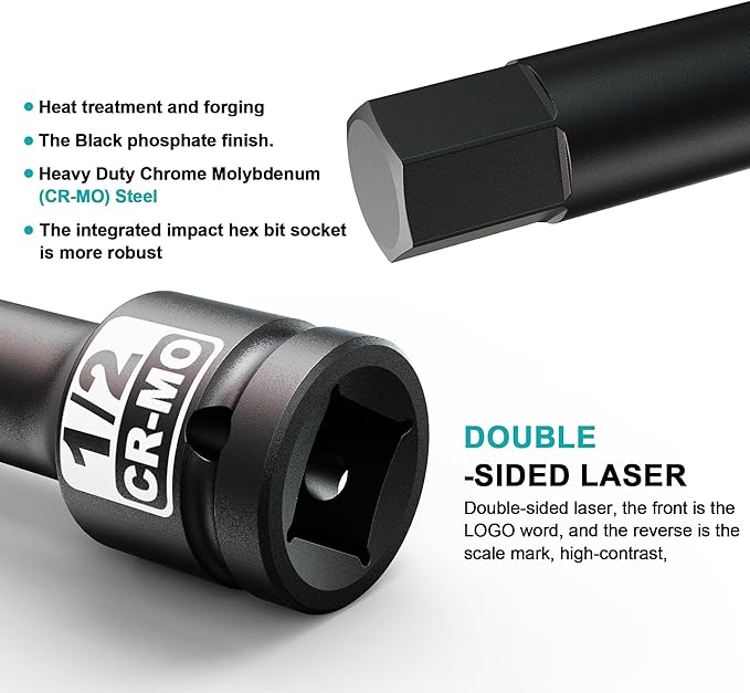 1/2" Drive H1/2-Inch Impact Hex Bit Socket, SAE Allen Bit Socket, Cr-Mo Steel, Removing Loosening Hexagon Bolts