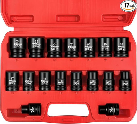 YIYITOOLS 17Pcs 1/2" Drive Shallow Impact Socket Set (8-24mm), Metric Socket Set, 6-Point, CR-V Steel for Automotive Maintenance, Repairs, and DIY Projects