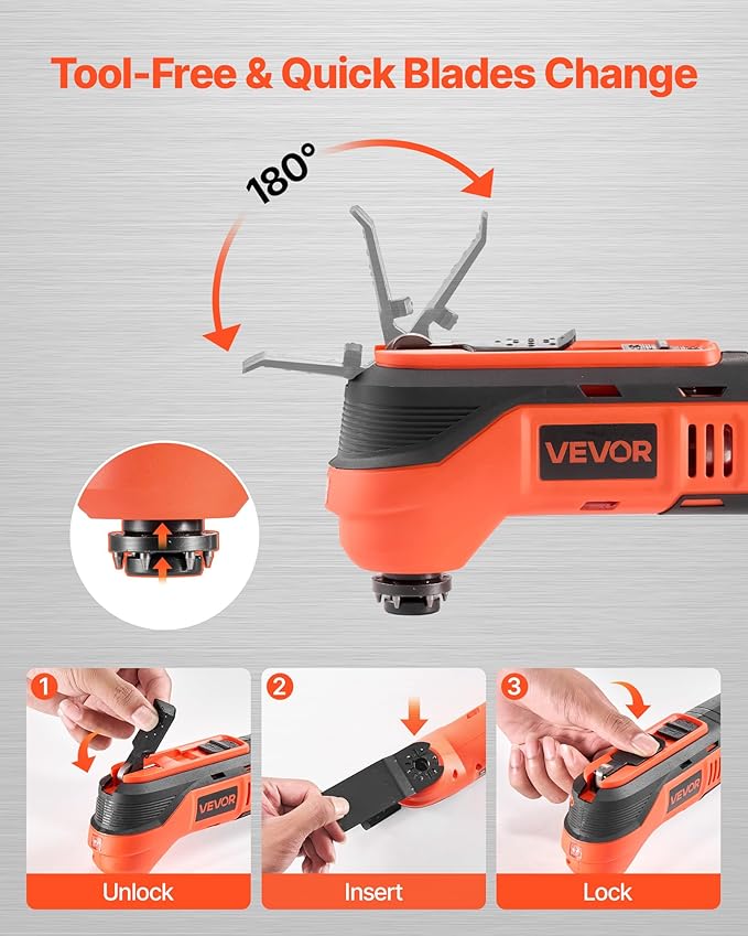 VEVOR Cordless Oscillating Tool, 12V Multitool Oscillating Saw Tool with 6 Variable Speeds 6000-17500 OPM, 3.2째 Oscillation Angle, 2.0Ah Battery Pack & Charger, 8PCS Saw Accessories & LED Work Light