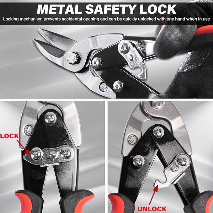 HAUTMEC 3-Piece Aviation Tin Snips for Cutting Metal Sheet, CR-V Steel Miter Shears for Straight, Left & Right Cuts, 10 Inch Heavy-Duty Sheet Metal Cutters with Safety Lock & Ergonomic Grip - HT0068